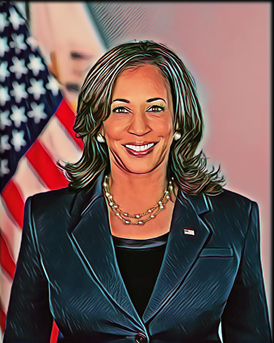 Official portrait of Kamala Harris, Vice President of the United States, wearing a dark suit with a pearl necklace