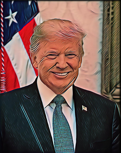 Official portrait of Donald Trump, 45th President of the United States, wearing a dark suit with a red tie